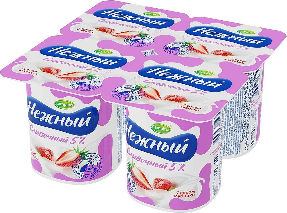 Յոգուրտային արտադրանք սերուցքային ելակի հյութով «Campina Нежный» 100գ, յուղայնությունը`5%