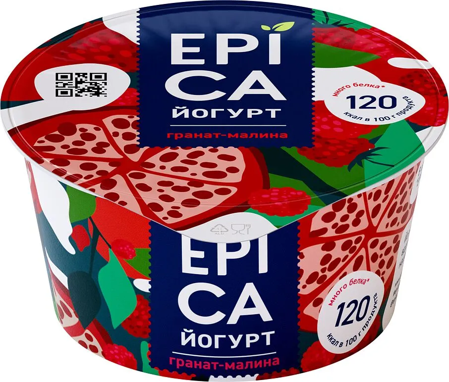 Յոգուրտ նռով և ազնվամորիով «Epica» 130գ, յուղայնությունը՝ 4.8%
