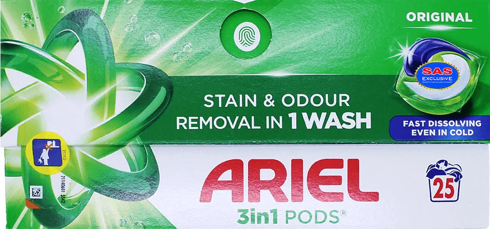 Լվացքի պարկուճներ ունիվերսալ «Ariel Original 3in1 Stain & Odour Removal» 25 հատ