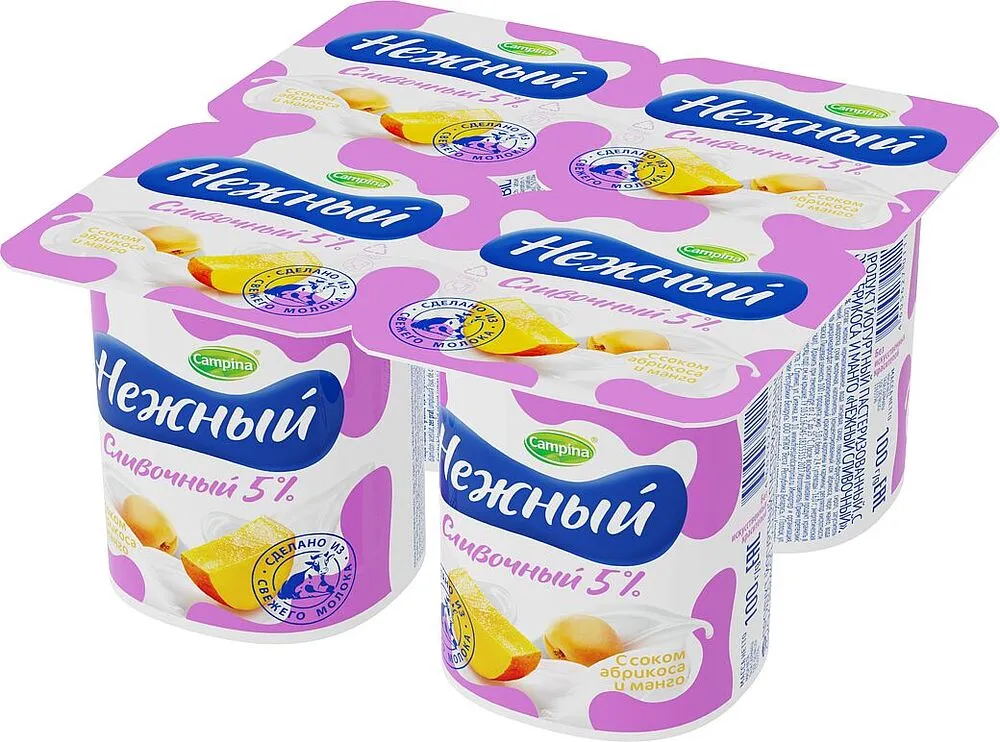 Յոգուրտային արտադրանք սերուցքային ծիրանի և մանգոյի հյութով «Campina Нежный» 100գ,  յուղայնությունը` 5%