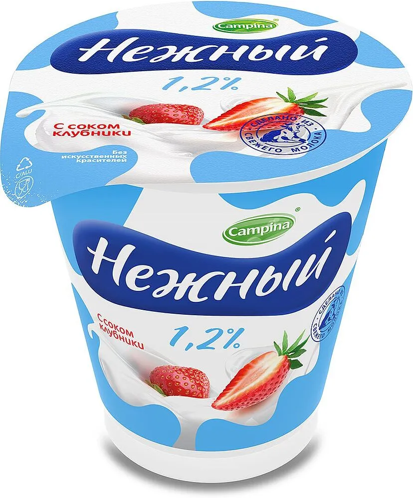 Յոգուրտային արտադրանք ելակի հյութով «Campina Нежный» 320գ, յուղայնությունը` 1.2%