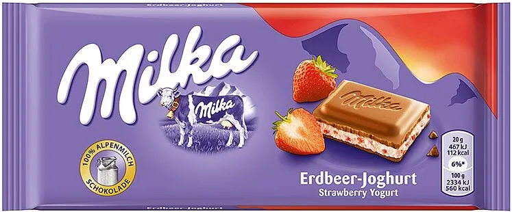 Շոկոլադե սալիկ ելակի յոգուրտով «Milka» 100գ