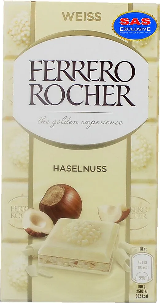 Շոկոլադե սալիկ սպիտակ պնդուկով «Ferrero Rocher» 90գ
