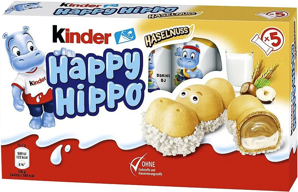 Վաֆլի կաթնային և պնդուկի միջուկով «Kinder Happy Hippo» 20.7 գ