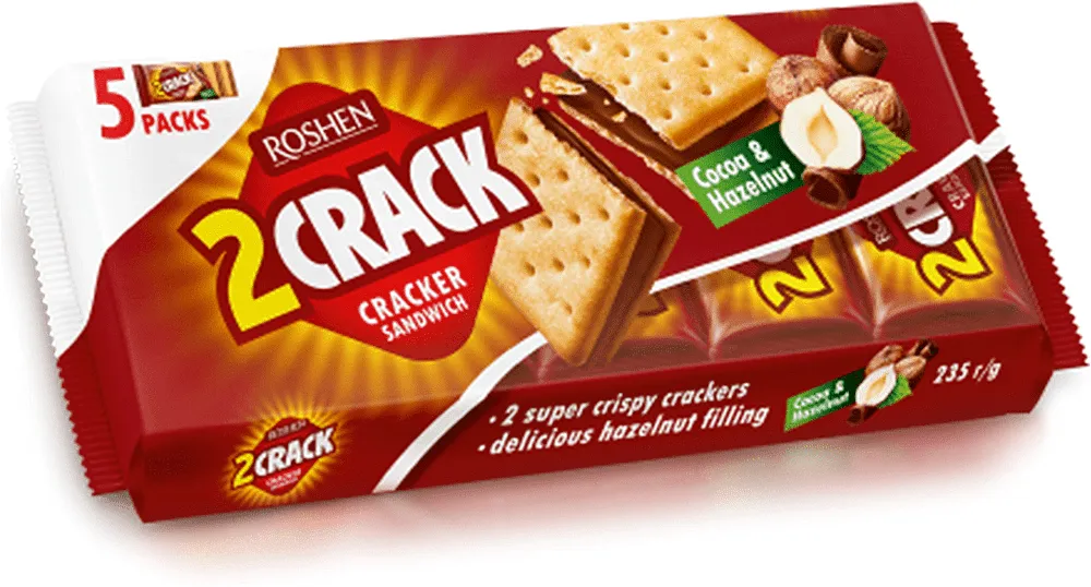 Կրեկերներ կակաոյի և պնդուկի միջուկով «Roshen 2 crack» 235գ